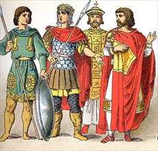 The Byzantine figures represent, from left to right, two warriors (A.D. 800), the emperor