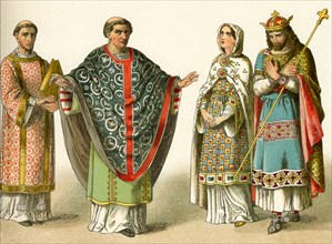 The costumes depicted here represent the garb worn around A.D. 900 by upper classes in France. From