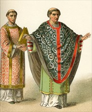 The costumes depicted here represent the garb worn around A.D. 900 by a deacon (left) and a bishop