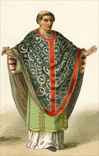 The costume depicted here represents the garb worn around A.D. 900 by a French bishop. The