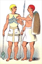 This 1882 illustration represents two ancient Egyptian warriors, with the wall paintings uncovered