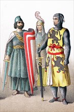 Represented in this 1882 illustration are three French knights around A.D. 1100.