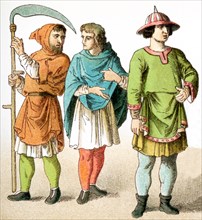 The figures represent French people around A.D. 1100. They are, from left to right: two peasants