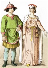 Represented here are a French man of rank and a French lady of rank around A.D. 1100. The