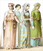 The figures represent French ladies of rank around A.D. 1100. The illustration dates to 1882.