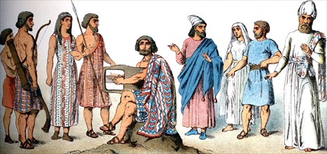 The five figures to the left depict ancient Syrian men and a woman. The four figures to the right