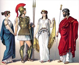 The figures, from left to right, represent ancient Greeks: a woman of the upper class, a commander