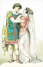 This image shows an ancient Greek bridal couple. This illustration dates to 1882.