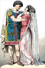 This image shows an ancient Greek bridal couple. This illustration dates to 1882.