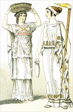 The ancient Greeks represented here are, from left to right: a female basket-bearer at a