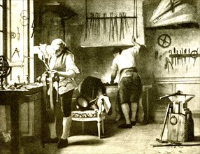 This image shows Louis XVI at the forge at Versailles. Louis XVI was an amateur blacksmith.
