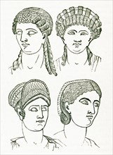 These illustrations of ancient Roman hairstytles date to 1897. They represent; from left to right;