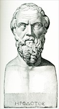 This image is from 1897 and is a copy of a bust of Herodotus (his name in the Greek alphabet below)