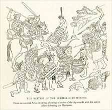 This illustration shows ""The Battles of the Spaniards in Mexico. From an ancient Aztec drawing,