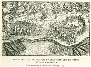 This illustration from a drawing in Champlain's Voyages published in 1713 shows The defeat of the