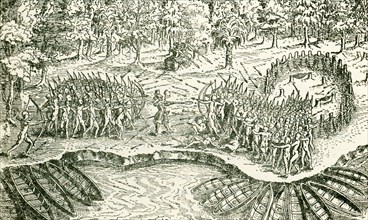 This illustration from a drawing in Champlain's Voyages published in 1713 shows The defeat of the