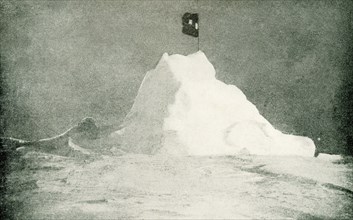 This photo shows Peary's flag flying at the north Pole, April 1909. By the courteous permission of