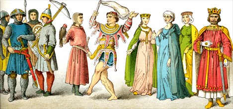 These figures represent English men and ladies in the dress around A.D. 1200. from left to right,