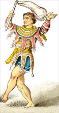 This figure represents an English jester around A.D. 1200. The illustration dates to 1882.