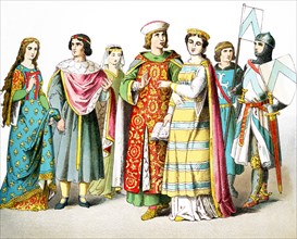 The figures here represent French people in A.D. 1200. They are, from left to right: princess, man