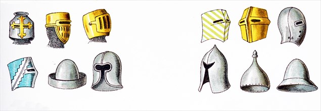 This illustration with twelve helmets shows the type of helmets being used in Europe in the 13th