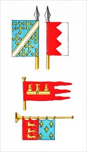 At top are shown two standards. In the middle is a Castilian ensign. At bottom is a trumpet with a