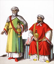 The two Moorish kings of Granada are dressed in clothing dating to A.D. 1300. The illustration