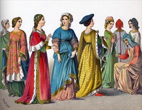 The Italian women pictured here represent, from left to right: woman of rank, Laura, four women of