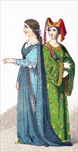 The Italian women of rank pictured here date to A.D. 1300. The illustration dates to 1882.