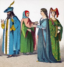 The Italians pictured here date to A.D. 1300 and are, from left to right: man of rank, magistrate;