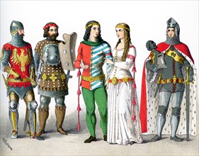 The figures represent Germans from A.D. 1350 to 1400. They are, from left to right: two knights in