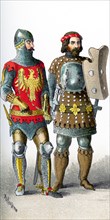 The figures represent two German knights between A.D. 1350 and 1400. The illustration dates to 1882