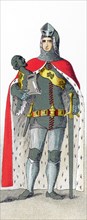 The figure represents a German knight in battle costume from A.D. 1350 to 1400. The illustration