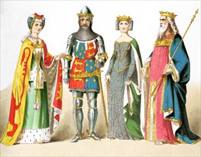 This illustration shows four English people who lived between A.D. 1300 and 1400. The figures, from