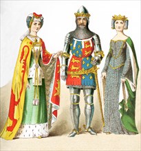 This illustration shows three English people who lived between A.D. 1300 and 1400. The figures,