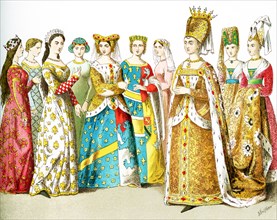 The figures represent French women around 1100. They are, from left to right: queen, four ladies of