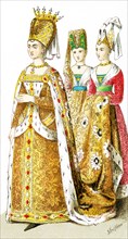 The figures represent French women around 1300. They are Isabel of Bavaria (consort of Charles VI)