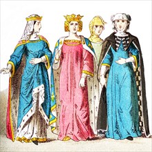 The figures represent French women around 1300. They are, from left to right: princess, queen,