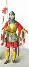 The figure pictured here represents a German knight from A.D. 1400-1450. The illustration dates to