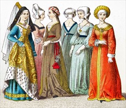 The figures here represent German women between A.D. 1450 and 1500. They are, from left to right: a