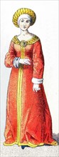 This illustration shows a German woman of means between 1450 to 1500. The illustration dates to