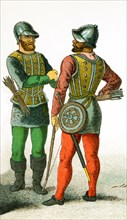 The image shows two British soldiers between 1450 and 1500. The illustration dates to 1882.