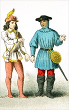 The image shows two British serving men between 1450 and 1500. The illustration dates to 1882.