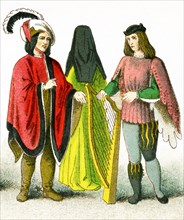 The image shows British costume between 1450 and 1500. The figures represent, from left to right: a