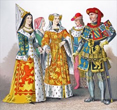 The figures pictured here represent French people around A.D. 1400. They are, from left to right: