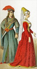 The figures represented here are two French nobles in the 1400s. The illustration dates to 1882.