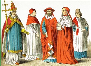 The Italian figures represented date to A.D. 1400. They are, from left to right: Pope Boniface IX,