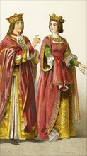 The figures here represent King Ferdinand and Queen Isabella of Spain. The illustration dates to