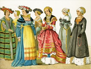 The women represented here are Germans who date to 1500-1550. The illustration dates to 1882. .