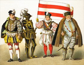 The figures in this illustration represent Germans from 1550 to 1600. They are, from left to right: